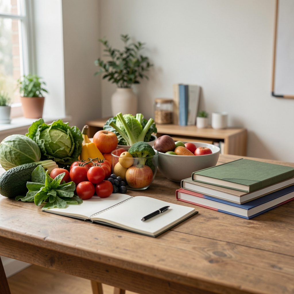 Helles Studio-Interieur mit frischen Lebensmitteln, Notizbüchern und Holztisch – redaktioneller Arbeitsbereich für Ernährungsinhalte