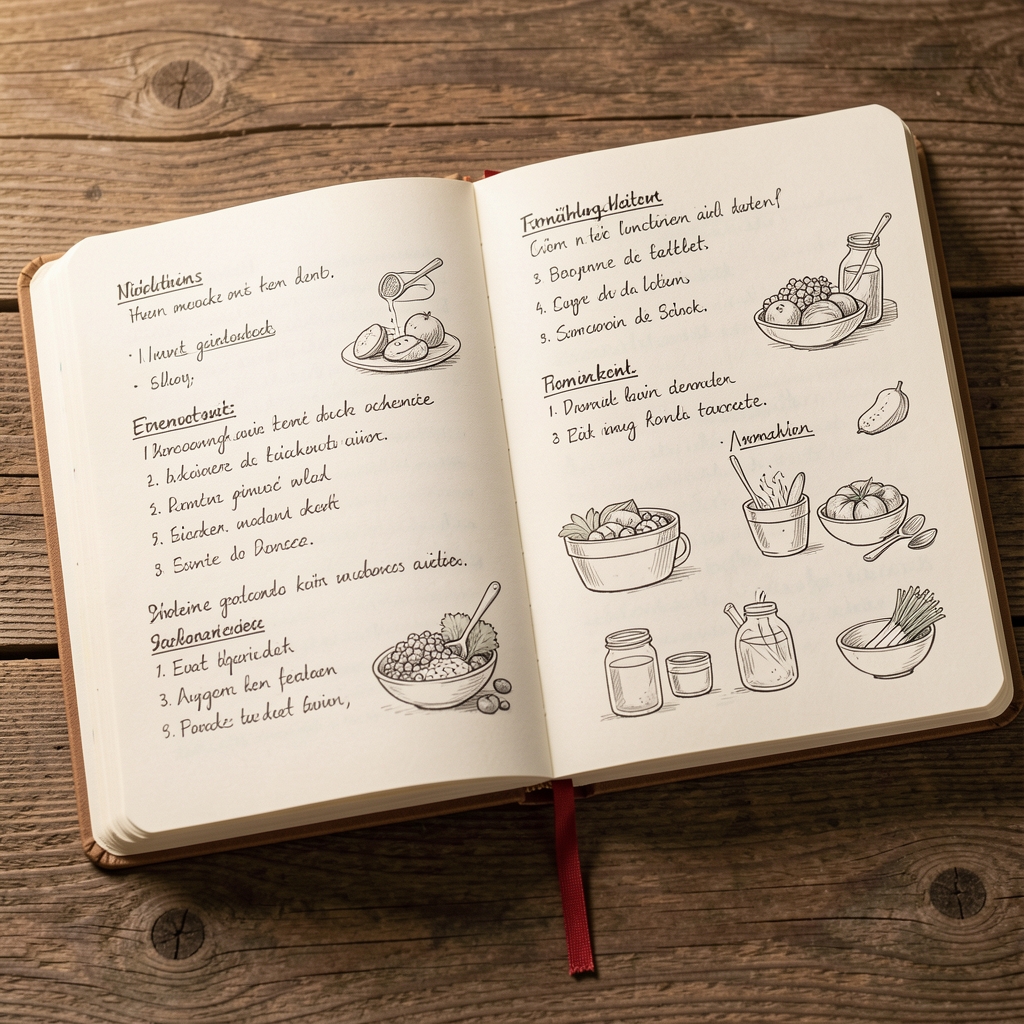 Geöffnetes Notizbuch mit handgeschriebenen Ernährungsnotizen und Skizzen auf Holzunterlage