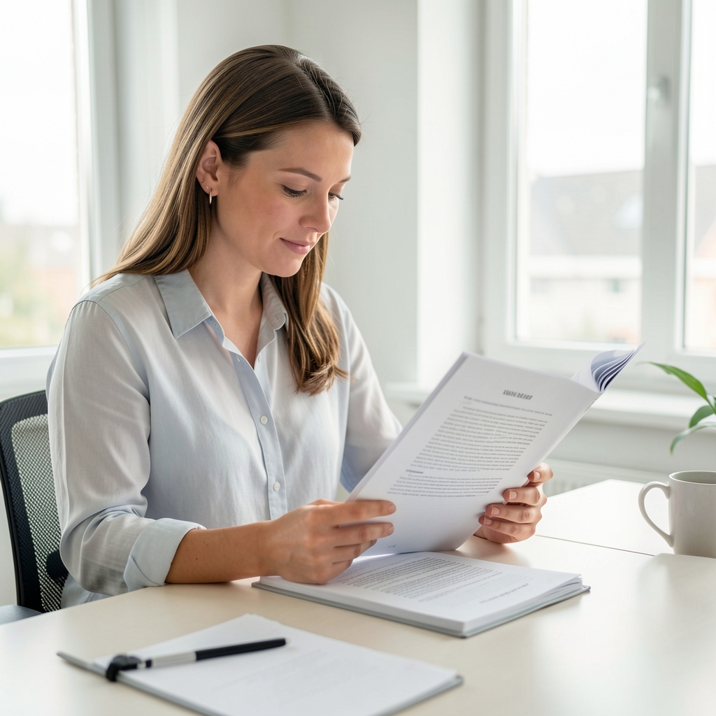 Qualifizierte Ernährungsfachperson liest wissenschaftliche Publikation an hellem Schreibtisch