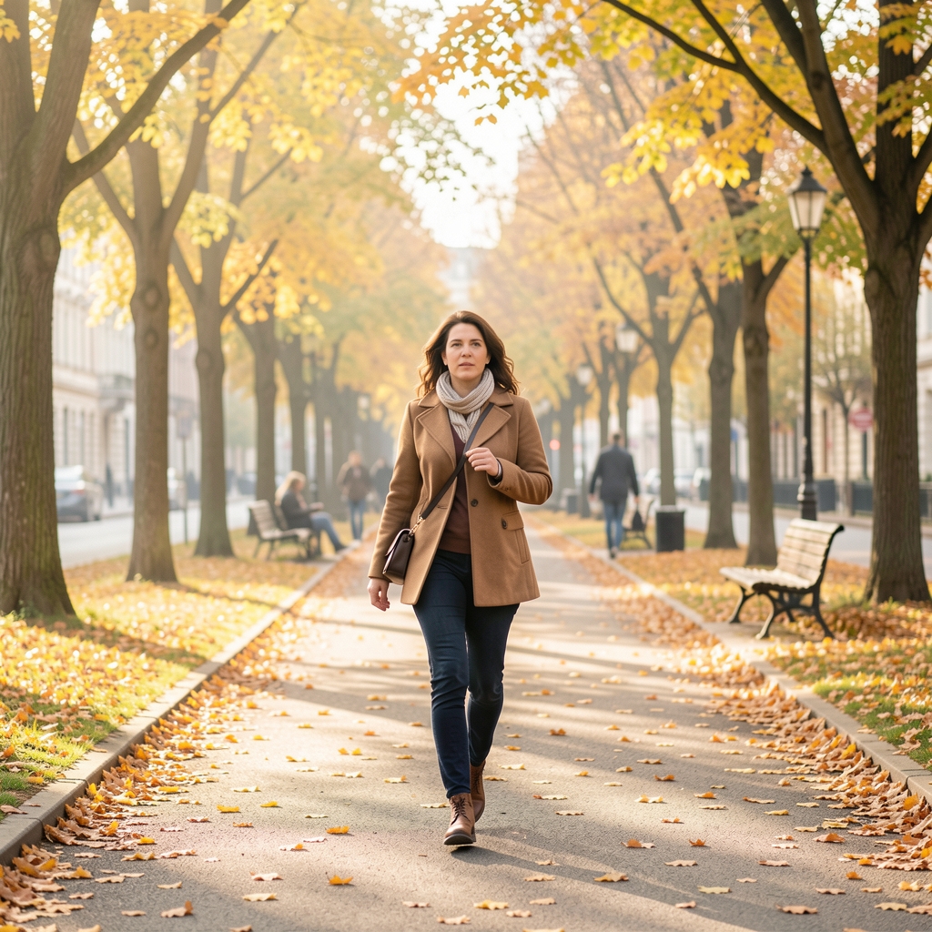 Frau beim zügigen Spaziergang in einem hellen Stadtpark, Herbstlaub auf dem Weg, morgens