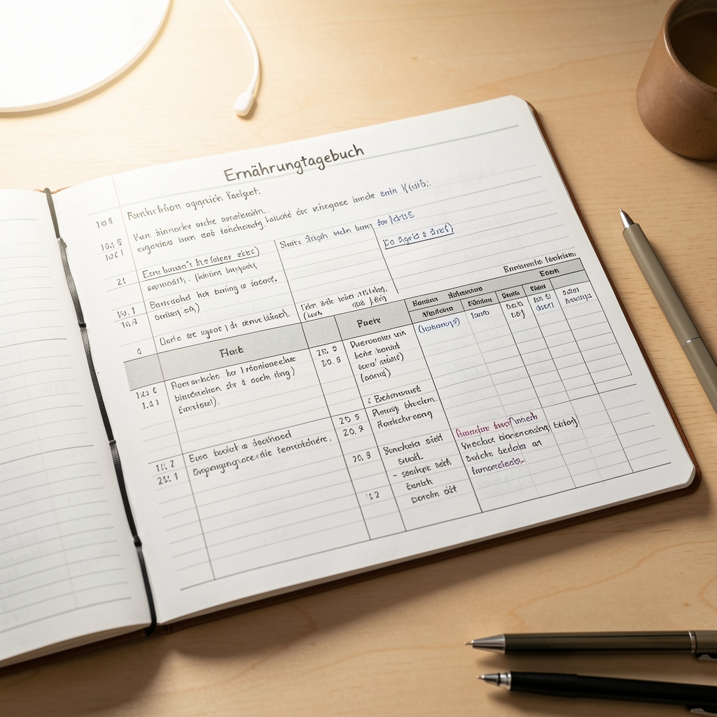 Ernährungstagebuch mit wissenschaftlichen Notizen und Tabellen unter hellem Arbeitslicht