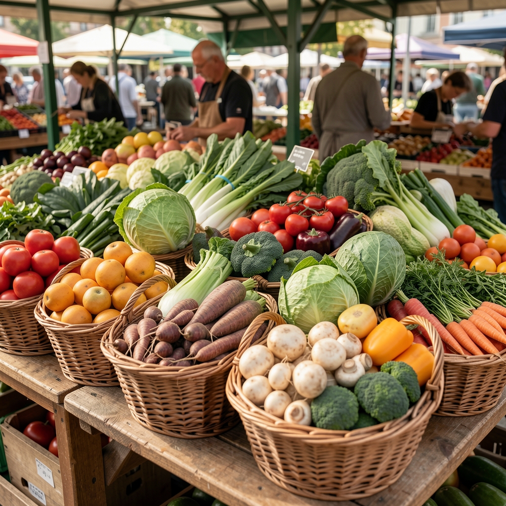 Frisches Marktgemüse in Körben bei Tageslicht – Vielfalt natürlicher Lebensmittel