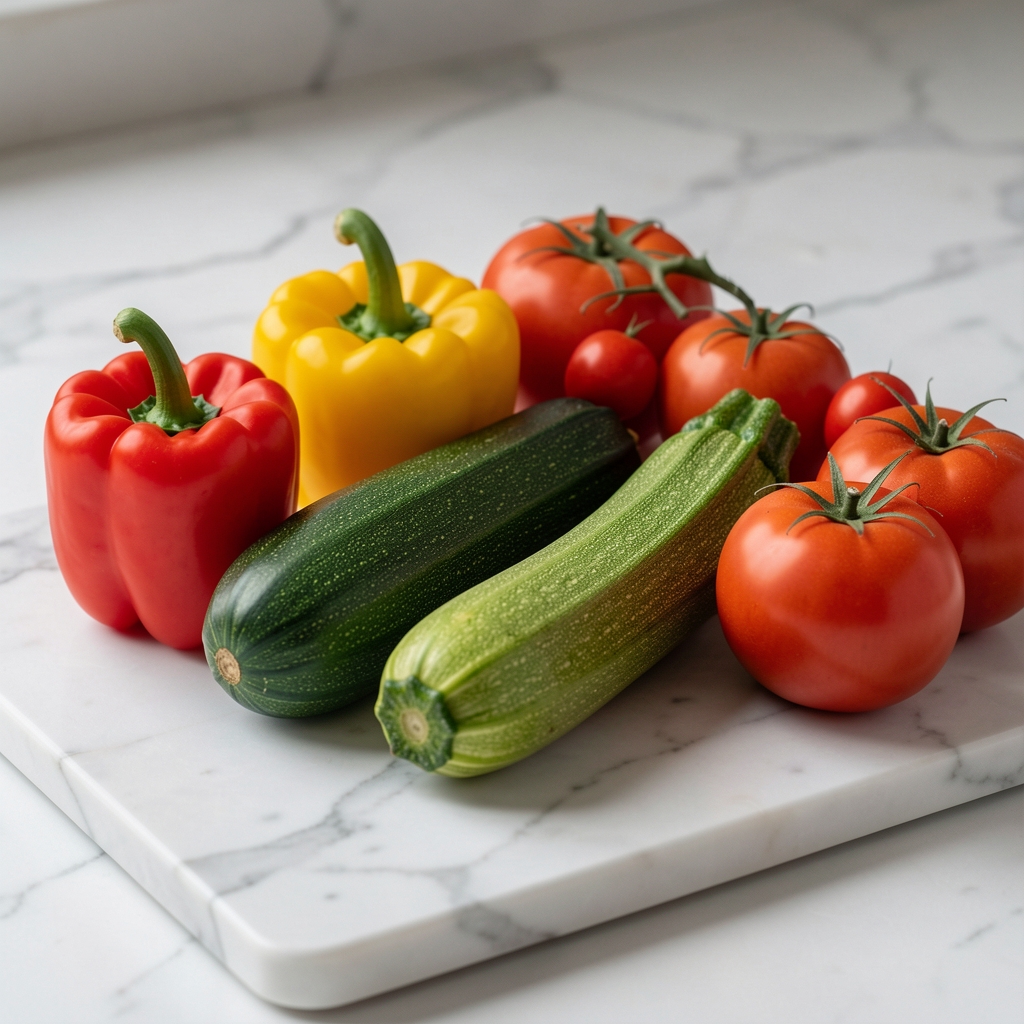 Frische Saison-Gemüsesorten auf Marmorplatte angeordnet – farbige Paprika, Zucchini und Tomaten