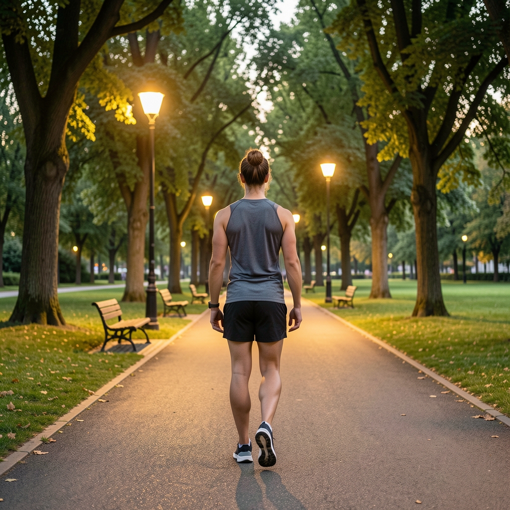 Morgendlicher Spaziergang im Stadtpark – Person in Sportkleidung auf beleuchtetem Weg