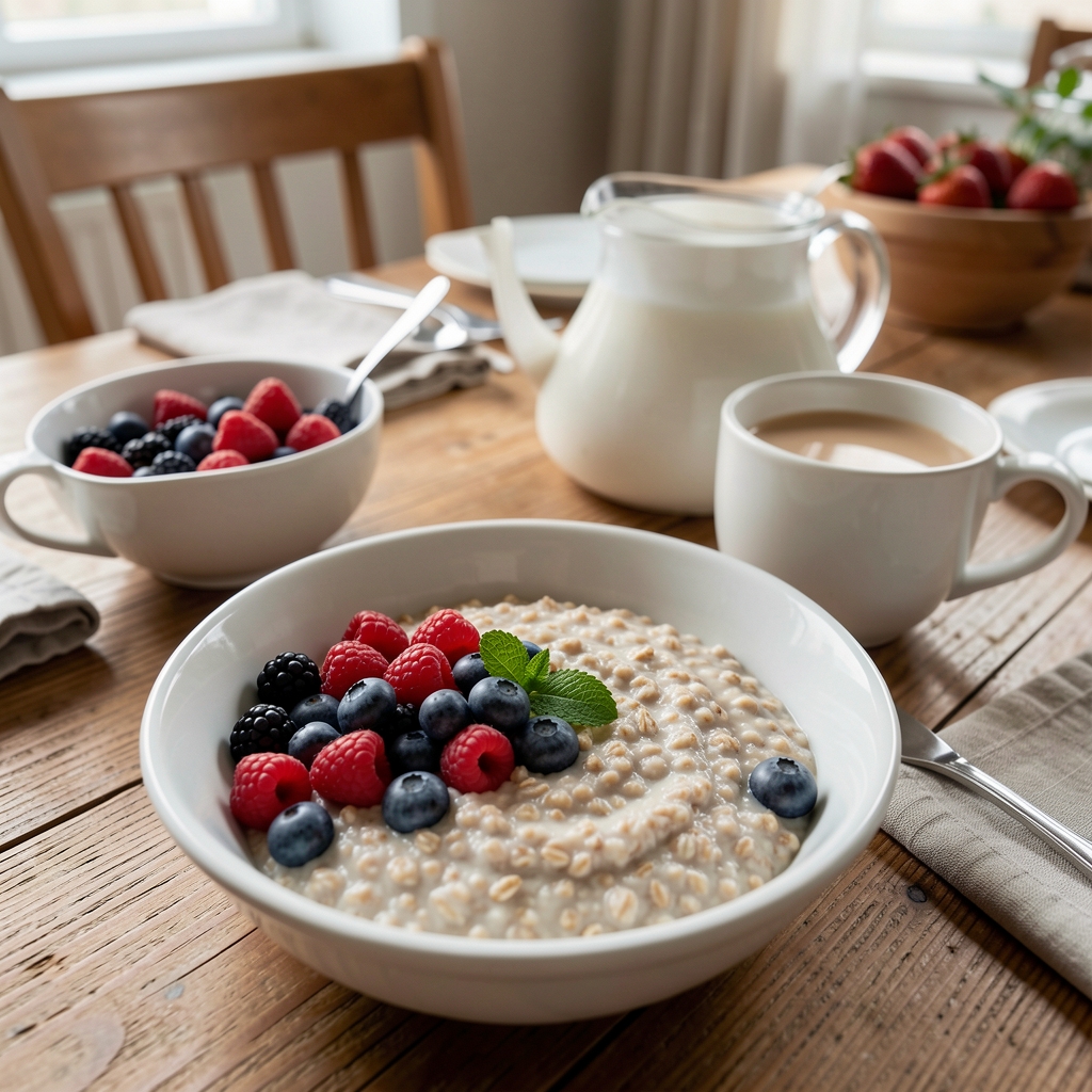 Frühstückstisch mit Haferbrei, frischen Beeren und einem Glas Wasser – ausgewogene Morgenmahlzeit